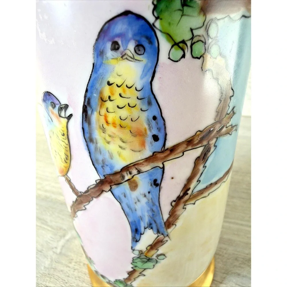 Antique 20'S Schonwald Vase PSAA Porcelain Arzberg Bavaria Blue Bird Pierced Rim